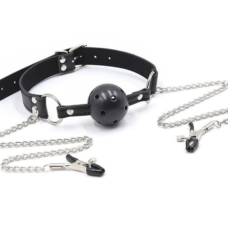 OHMAMA FETISH BALL GAG TRASPIRANTE CON MORSETTI PER CAPEZZOLI