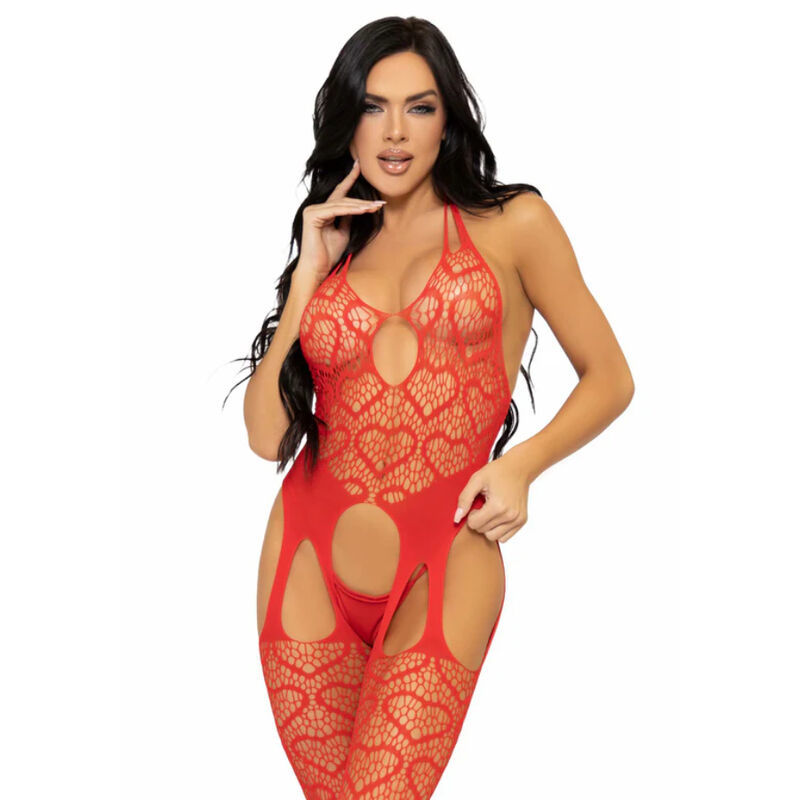 BODYSTOCKING CON BRETELLE A RETE LEG AVENUE TAGLIA UNICA - ROSSO