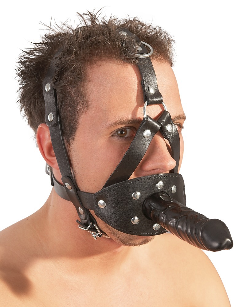 Leather Head Harness with Dildo  