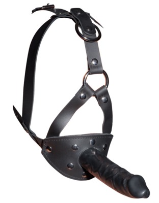 Leather Head Harness with Dildo 